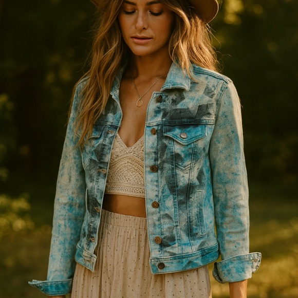 Custom Denim Jean Jacket Star Blue Bleached Dye Women Size Small Distressed - Picture 1 of 14